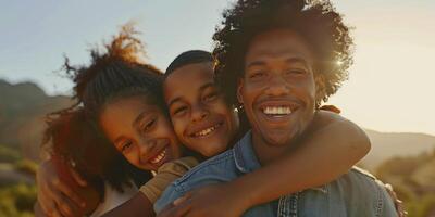 AI generated Radiant Unity. A Mixed-Race Family Shares a Joyful Moment, Their Smiles Beaming with Happiness and Unity. photo