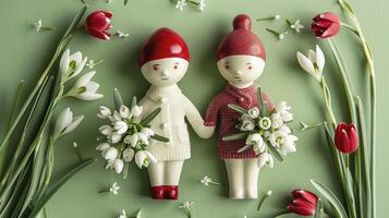 AI generated A Boy and a Girl Holding Bouquets of Snowdrop Flowers, Embracing the Martenitsa Tradition on March 1st. photo