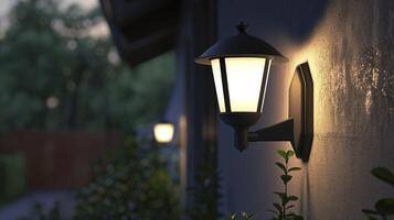 AI generated Night Glow. Close-Up of a Wall Lamp Illuminating the Compound Wall with Bright White Light, Adding Elegance to the Night Scene. photo