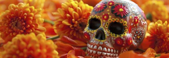 AI generated Orange skull with flowers, Cinco de Mayo day concept photo