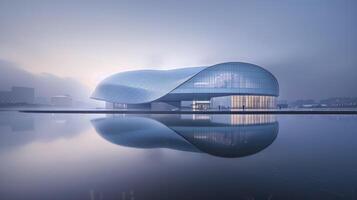 ai generado futurista arquitectura, edificio altísimo dentro el azul cielo, reflejando en agua, evocando un visión de mañana foto