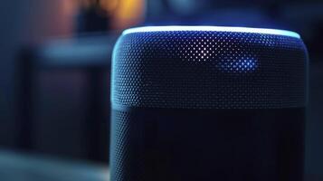 AI generated Close-Up of Smart Speaker, its Voice Command Indicators Illuminated, Ready to Respond photo