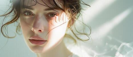 AI generated Captivating Beauty Close-Up Portrait of a Young Girl, Radiating Youthfulness and Grace. photo