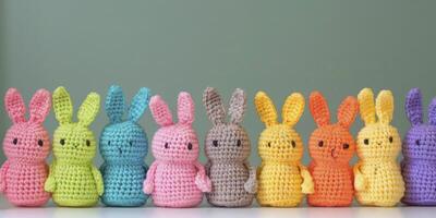 AI generated Easter Delight. Rows of Crocheted Rabbits, Creating a Charming Decoration for the Easter Festival. photo