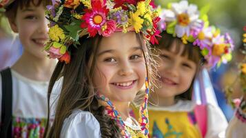 ai generado un niña sonrisas y vistiendo vistoso flores en su cabeza durante un al aire libre festival en primavera foto