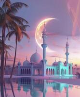 AI generated Mosque, palms plant and moon. Ramadan concept photo