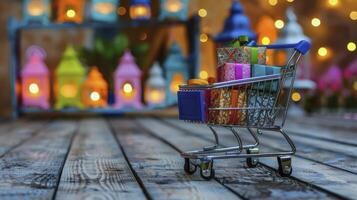 AI generated Shopping cart with gift boxes eid concept photo