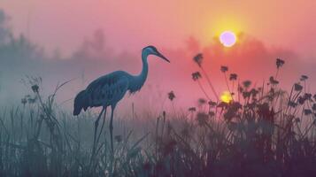 AI generated Misty Sunrise Over Waterland Crane Colorful Palette photo