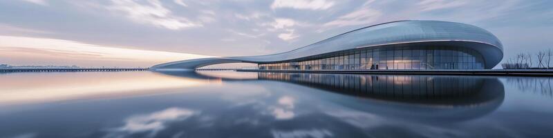 AI generated Futuristic Architecture, Building Soaring into the Blue Sky, Reflecting in Water, Evoking a Vision of Tomorrow photo