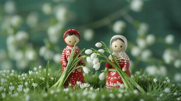 ai generado un chico y un niña participación ramos de flores de campanilla de febrero flores, abrazando el martenitsa tradicion en marzo 1er. foto