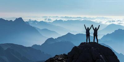 AI generated Summit Triumph, Silhouettes of Two Hikers Celebrating Success Atop a Panoramic Mountain Peak photo