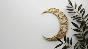 AI generated Eid Golden Half Moon Against a White Background, Evoking the Spirit of Celebration. photo