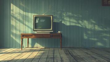 AI generated Vintage Retro Television Set Against a Blue Weathered Wall Background photo