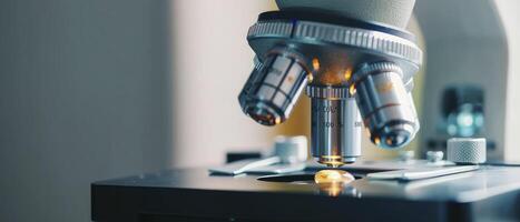 AI generated Close-Up of Microscope on Desk. Detailed View of Scientific Equipment Ready for Exploration and Discovery. photo