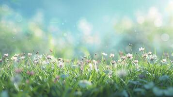 AI generated Beautiful spring green grass on bokeh background photo