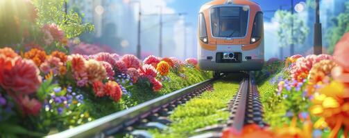 ai generado urbano oasis. metro tren deslizamiento en pistas, rodeado por flores y verde césped, creando un inesperado refugio en el corazón de el ciudad. foto