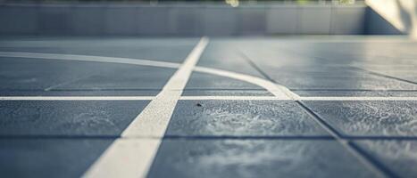 AI generated Empty Basketball Court. Close-Up of White and Gray Lined Flooring, Evoking Outdoor Scenes with Dark Gray and Blue Tones for Smooth Texture and Depth. photo