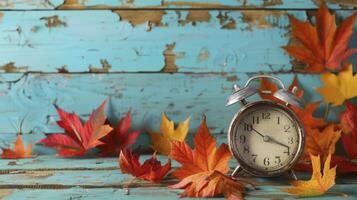 ai generado alarma reloj con color hojas en de madera mesa foto