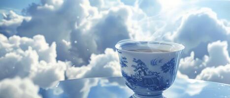 ai generado Exquisito café taza embalaje. azul y blanco porcelana diseño con en relieve alivio, presentando té cosecha escenas, nube motivos, y vaso textura. foto