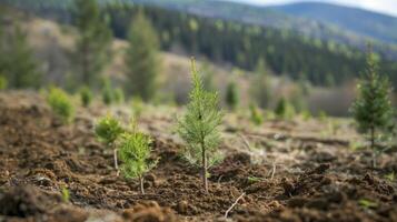 ai generado rejuvenecedor naturaleza pabellón, plantando conífera arboles en el abierto extensión de un montañoso paisaje foto