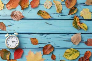 AI generated Alarm clock with color leaves on wooden table photo