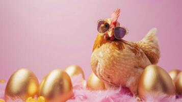 ai generado contento Pascua de Resurrección concepto pollo vistiendo Gafas de sol foto