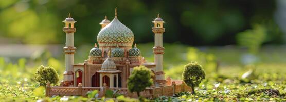 AI generated Small model mosque in the green natural field background photo