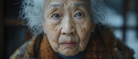 ai generado agraciado sabiduría. retrato de un asiático mayor femenino, reflejando un toda la vida de experiencia y resiliencia. foto