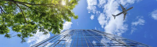 AI generated Urban Oasis. Commercial Building Framed by Lush Trees with a Plane Soaring Above in the Sky. photo