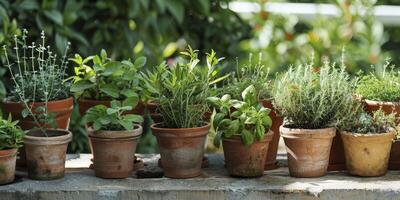 AI generated Herbal Haven. Creating a Garden Oasis by Arranging Herbs in Rustic Terracotta Pots. photo