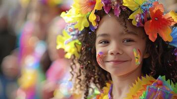 ai generado un niña sonrisas y vistiendo vistoso flores en su cabeza durante un al aire libre festival en primavera foto