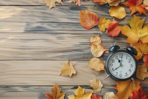 AI generated Alarm clock with color leaves on wooden table photo