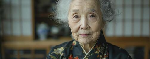 ai generado agraciado sabiduría. retrato de un asiático mayor femenino, reflejando un toda la vida de experiencia y resiliencia. foto