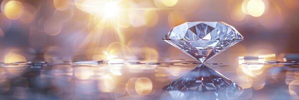 AI generated Single Diamond on Reflective Surface with Soft Bokeh Background photo