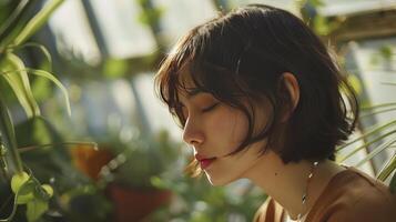 AI generated Serene Contemplation. A Young, Beautiful Girl Poses with Head Bowed, Short Hair Framing Her Face, Amidst the Greenery of a Greenhouse. photo
