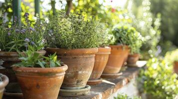 AI generated Herbal Haven. Creating a Garden Oasis by Arranging Herbs in Rustic Terracotta Pots. photo