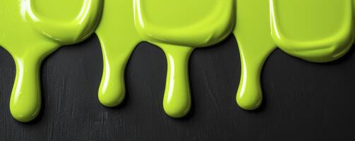 AI generated Viscous Green Fluid. Flowing Vertically in Smooth, Wavy Drips on a Black Surface photo