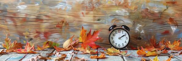 AI generated Alarm clock with color leaves on wooden table photo