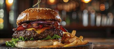 AI generated Sizzling Satisfaction. Juicy Steak Burger Served on a Plate atop a Wooden Table, Tempting the Taste Buds with Its Irresistible Aroma and Flavor. photo