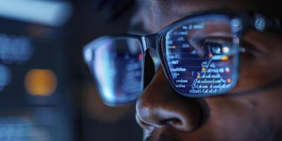 AI generated Developer Wearing Glasses Engrossed in Coding, Cybersecurity, and Digital Technology. Reflections of Programming Code and Data Glowing in Spectacles as Software Program Takes Shape. photo
