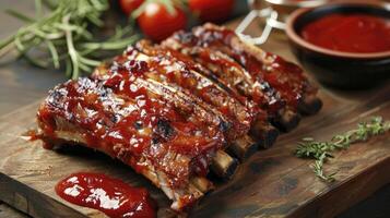 AI generated BBQ ribs beef and ketchup on the cutting board photo