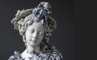 ai generado barroco elegancia. esculpido hembra figura adornado con superficie azul y blanco porcelana patrones, exudando eterno belleza y gracia. foto