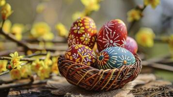 ai generado vistoso Pascua de Resurrección huevos en un cesta en un rústico de madera mesa con amarillo flores, con un borroso antecedentes foto