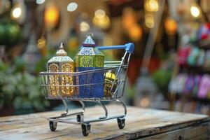 AI generated Shopping cart with gift boxes eid concept photo