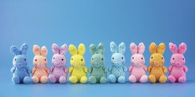 AI generated Easter Delight. Rows of Crocheted Rabbits, Creating a Charming Decoration for the Easter Festival. photo