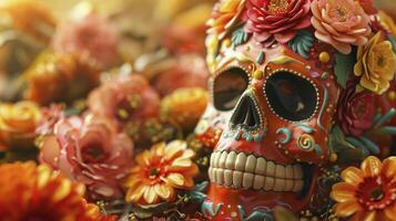 AI generated Orange skull with flowers, Cinco de Mayo day concept photo