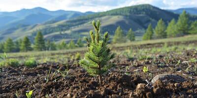 ai generado rejuvenecedor naturaleza pabellón, plantando conífera arboles en el abierto extensión de un montañoso paisaje foto