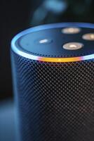 AI generated Close-Up of Smart Speaker, its Voice Command Indicators Illuminated, Ready to Respond photo