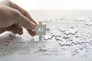 AI generated Close Up of a hand holding a puzzle piece with text AI photo