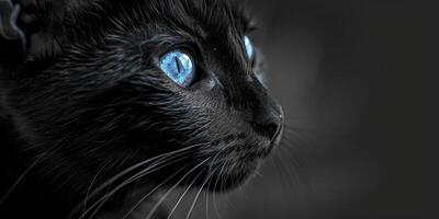 ai generado enigmático elegancia. un negro gato con perforación azul morado ojos, iluminado en un negro y blanco atmósfera, radiante misterio y gracia. foto